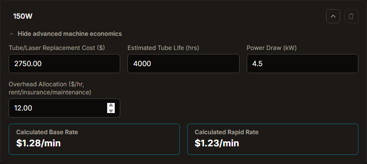 A Machine Profile card with Advanced machine economics expanded