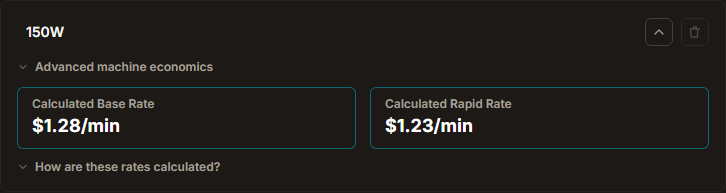 A Machine Profile card with its calculated rates