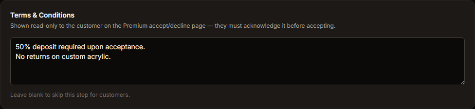 The Terms & Conditions card on Account settings